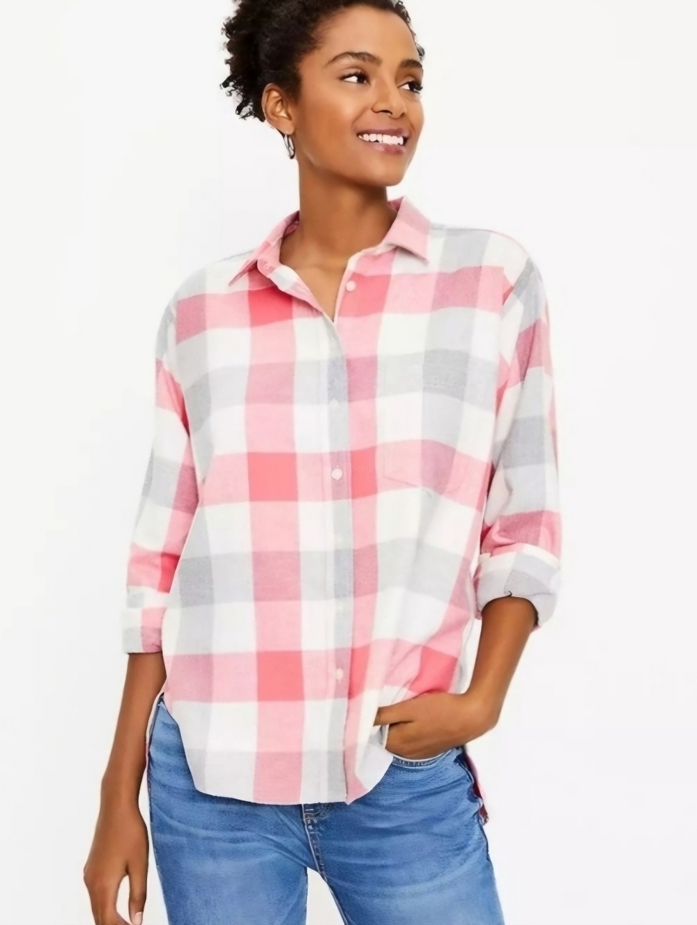 NWT Loft | Plaid Cotton Pink Button Down Relaxed Top Grey White Womens Medium